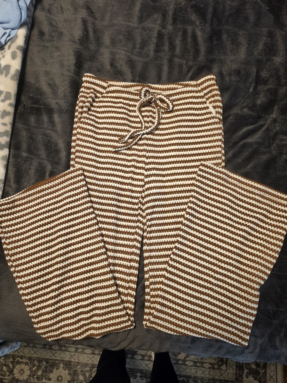 SHEIN Brown and White Striped Boot Cut Knit Pants